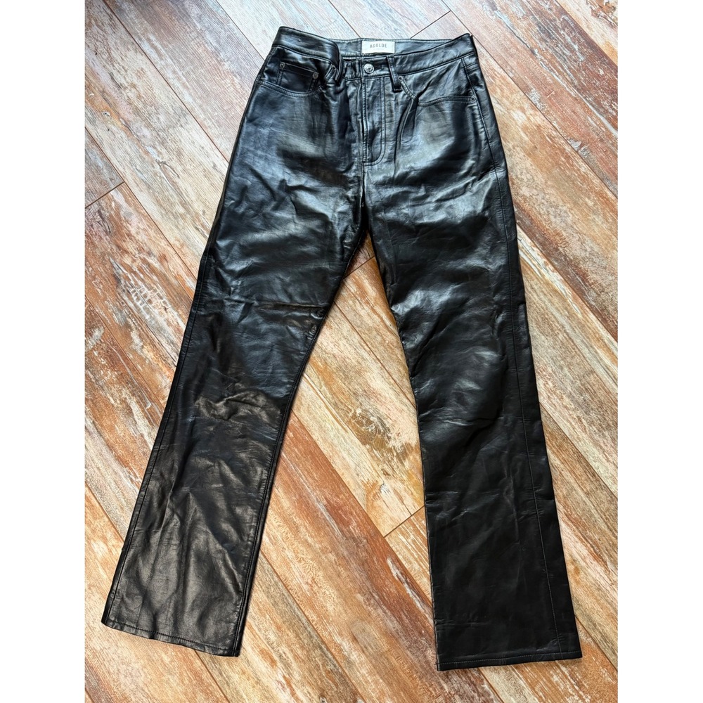 AGOLDE Womens 25 Black Recycled Leather Pants High Rise Straight Leg Flaws